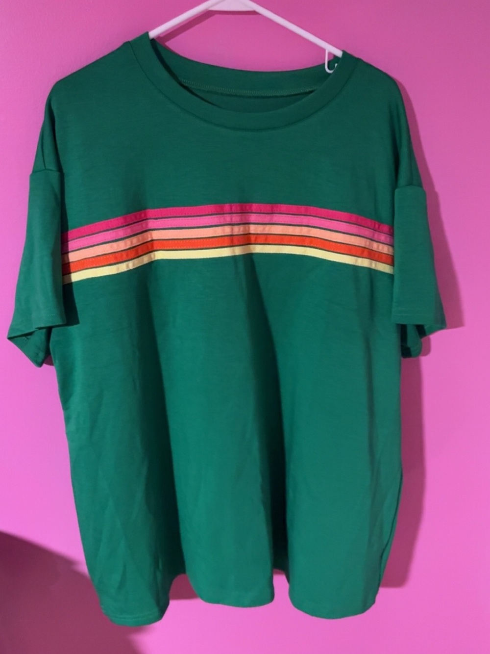 Green Short Sleeve Crewneck Tee and Shorts with Rainbow Stripe